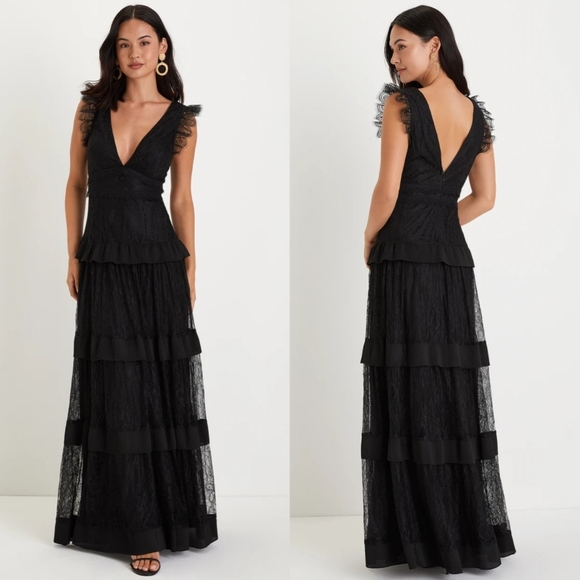 Lulus Marvelous Darling Black Lace Ruffled Tiered Maxi Dress S Wedding Party - Picture 1 of 11